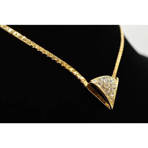 Vintage Crystal Collar Necklace Gold Herringbone Chain Rhinestone Shiny NOS 80s - Picture 2 of 12